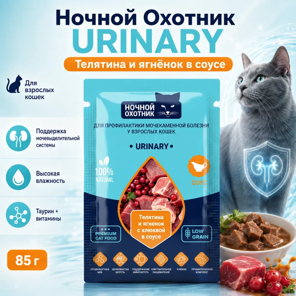 Ночной Охотник Urinary пауч для кошек с телятиной и ягнёнком в соусе, 85 г