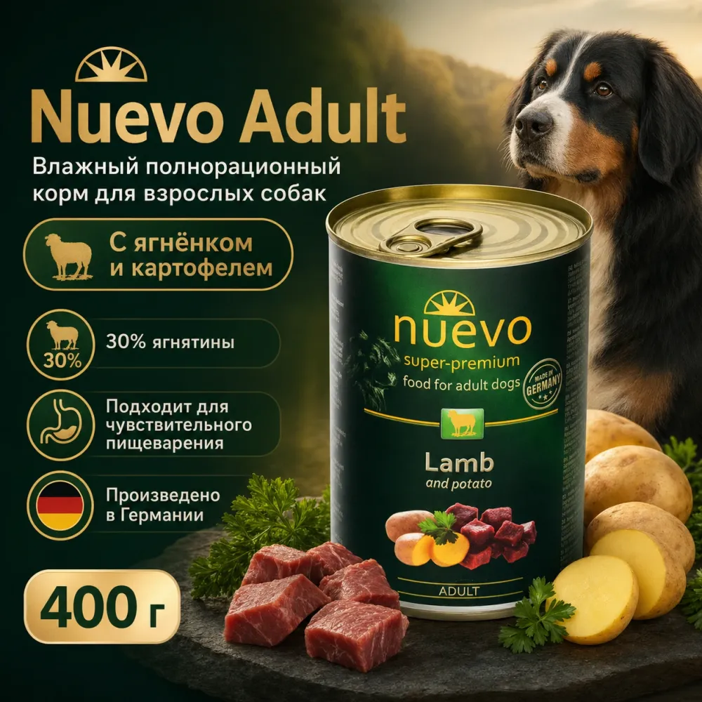 Nuevo Adult влажный корм с ягнёнком и картофелем для взрослых собак, 400 г