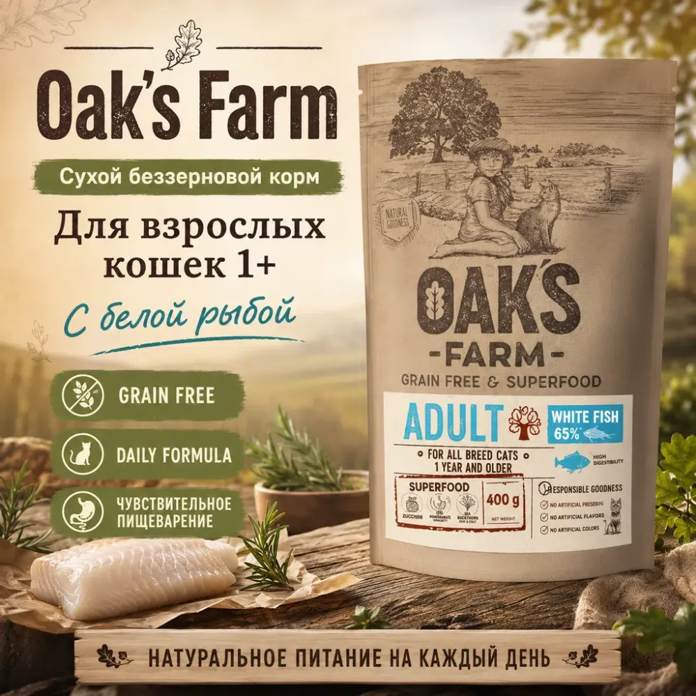 Oak's Farm Grain Free Adult Cat White Fish сухой беззерновой корм с белой рыбой для взрослых кошек, 400 г