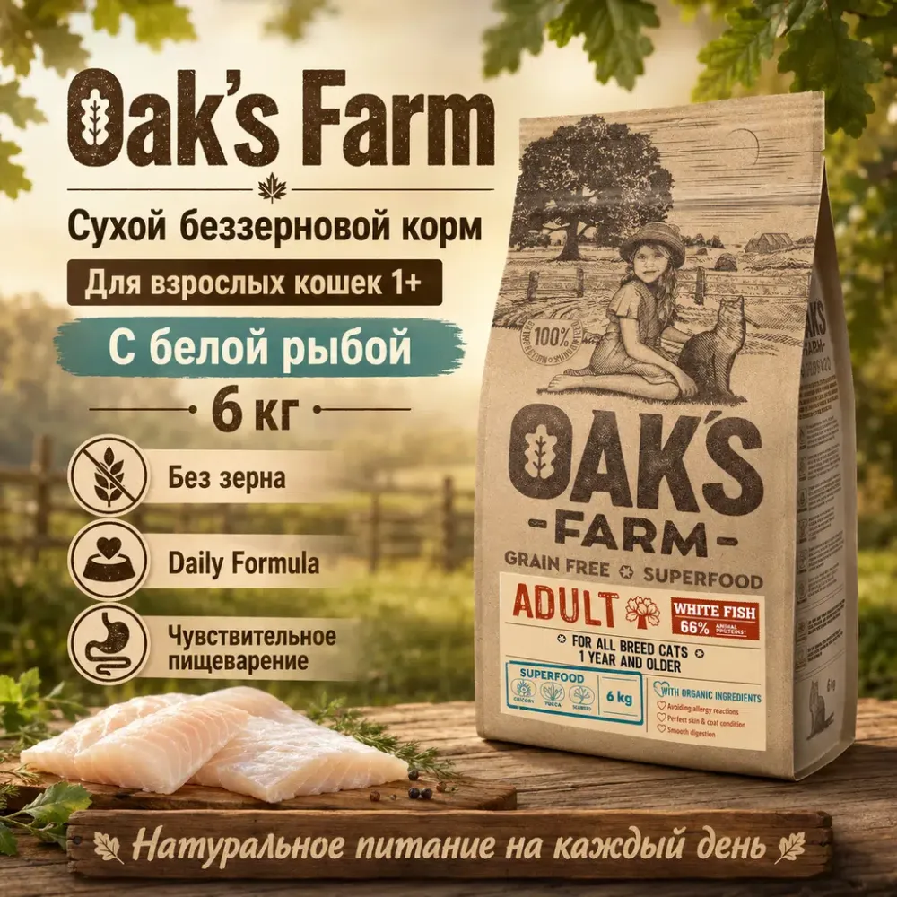 Oak's Farm Grain Free Adult Cat White Fish сухой беззерновой корм с белой рыбой для взрослых кошек, 6 кг