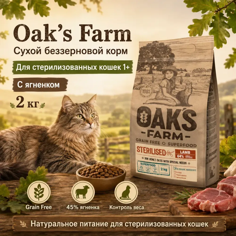 Oak's Farm Grain Free Sterilised Adult Cat Lamb сухой беззерновой корм с ягненком для стерилизованных кошек, 2 кг
