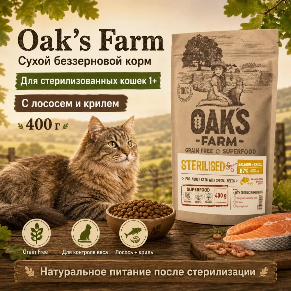 Oak's Farm Sterilised Adult Cat Salmon & Krill сухой беззерновой корм с лососем и крилем для стерилизованных кошек, 400 г