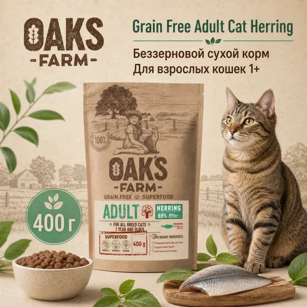 Oaks Farm Grain Free Adult Cat Herring сухой беззерновой корм с сельдью для взрослых кошек, 400 г