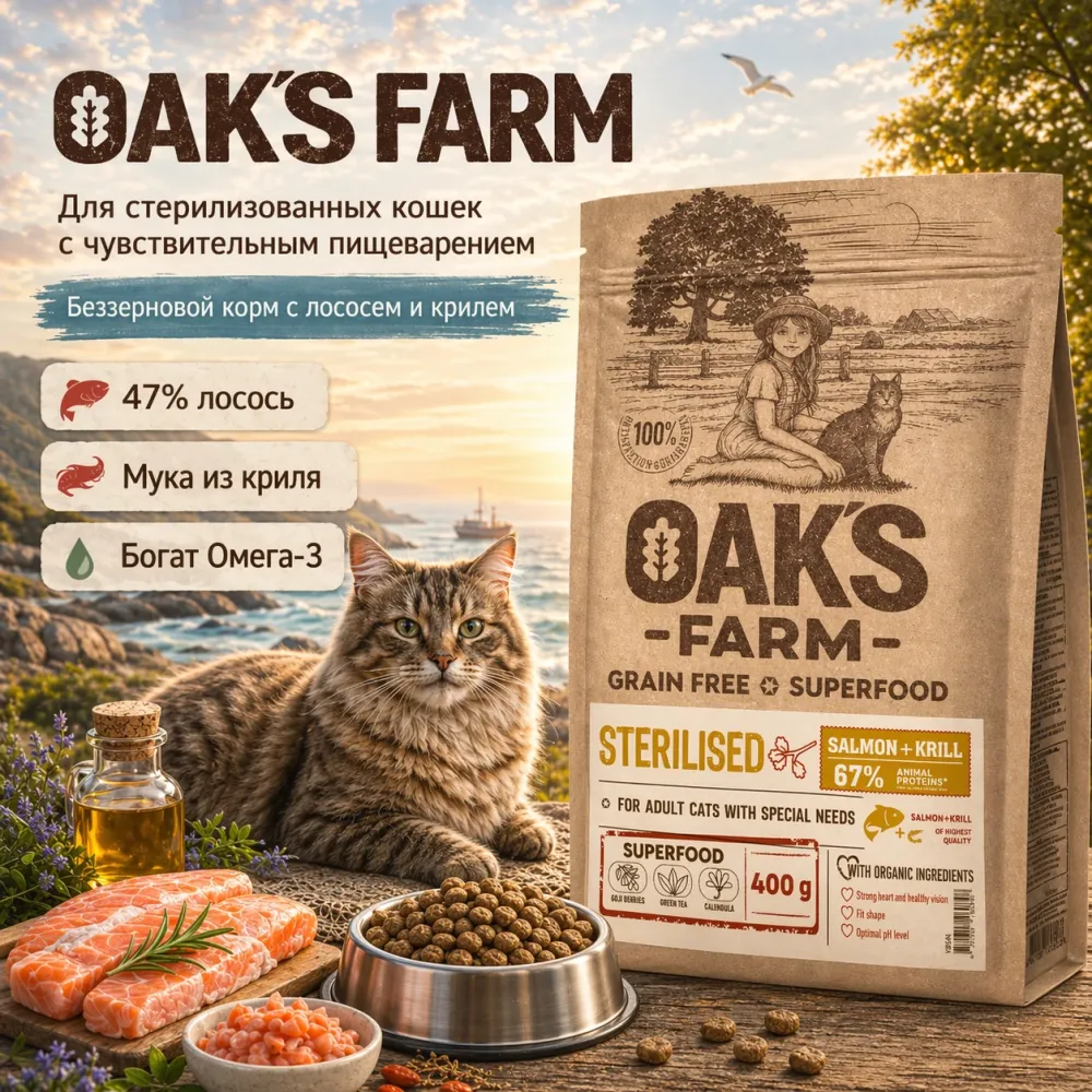 OAK'S FARM сухой беззерновой корм с лососем и крилем для стерилизованных кошек, супер-премиум, 400 г