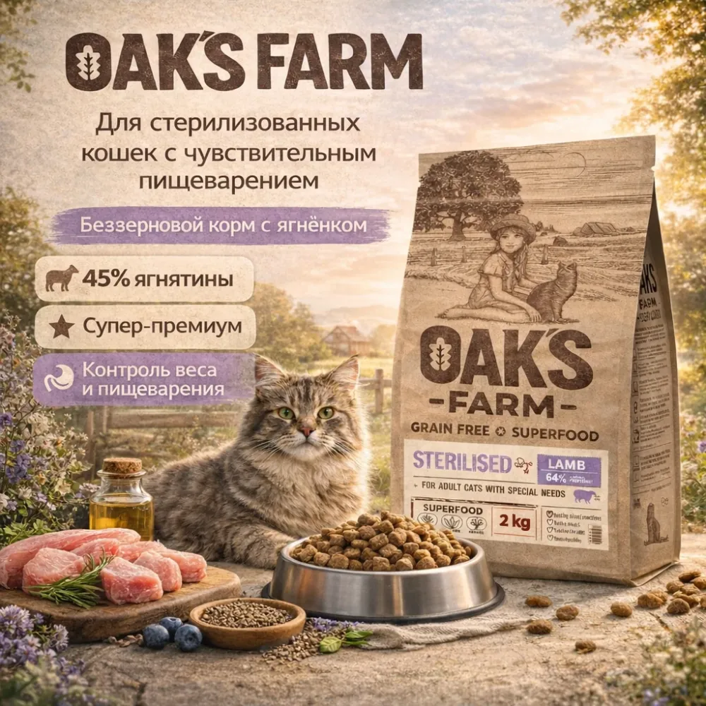 OAK'S FARM сухой беззерновой корм с ягненком для стерилизованных кошек, супер-премиум, 2 кг