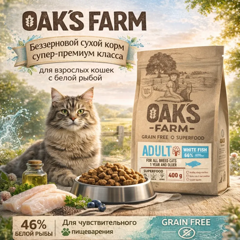 OAK'S FARM сухой беззерновой корм с белой рыбой для взрослых кошек, супер-премиум, 400 г