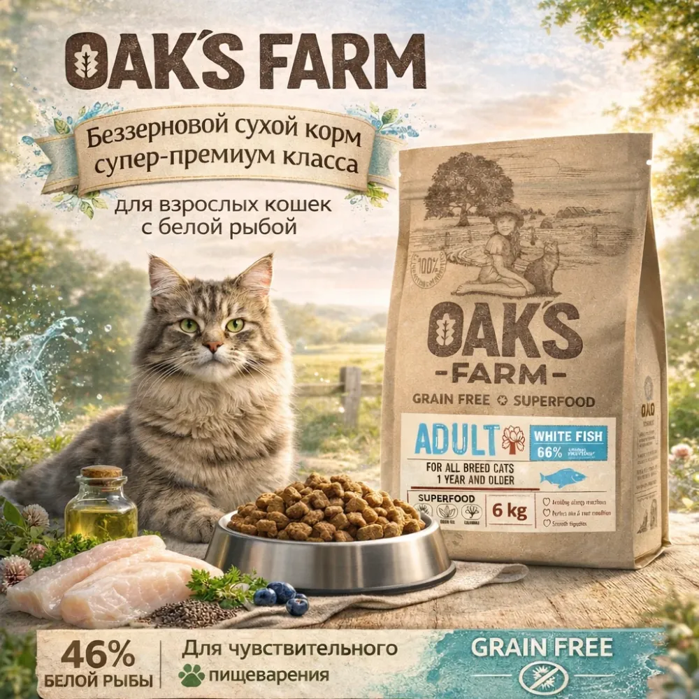 OAK'S FARM сухой беззерновой корм с белой рыбой для взрослых кошек, супер-премиум, 6 кг