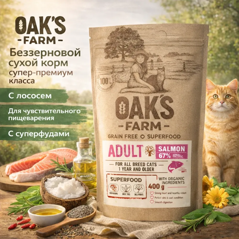 OAK'S FARM сухой беззерновой корм с лососем для взрослых кошек, супер-премиум, 400 г