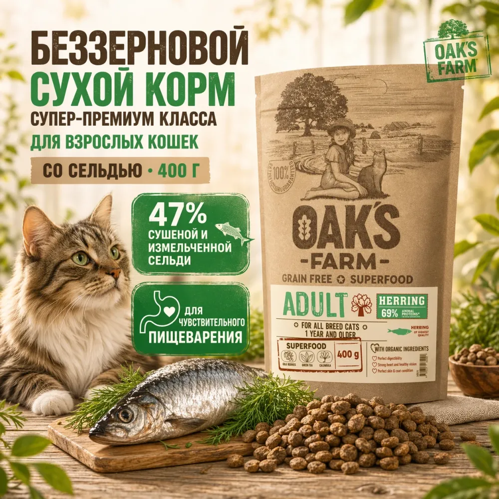 OAK'S FARM сухой беззерновой корм со сельдью для взрослых кошек, супер-премиум, 400 г