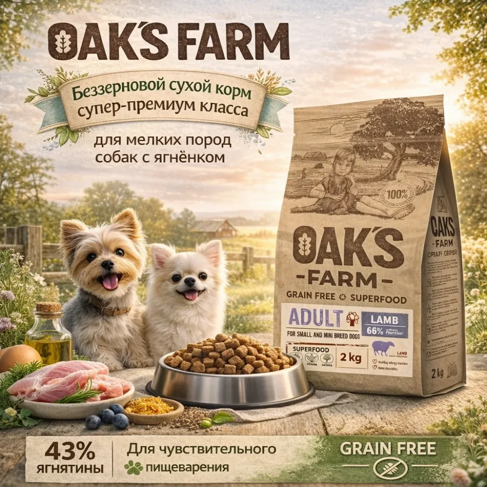 OAK'S FARM сухой беззерновой корм с ягненком для взрослых собак мелких и миниатюрных пород, супер-премиум, 2 кг