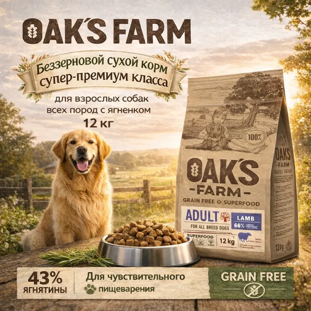 OAK'S FARM сухой беззерновой корм с ягненком для взрослых собак всех пород, супер-премиум, 12 кг