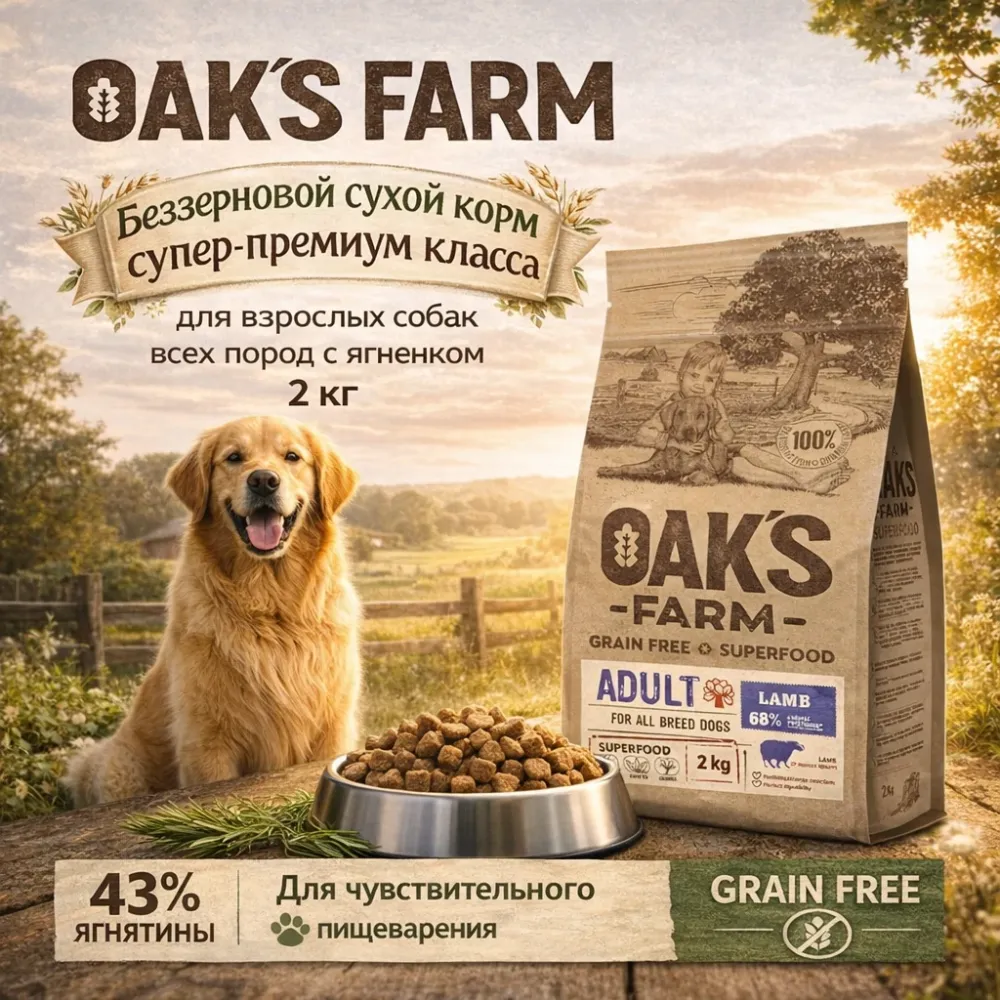 OAK'S FARM сухой беззерновой корм с ягненком для взрослых собак всех пород, супер-премиум, 2 кг