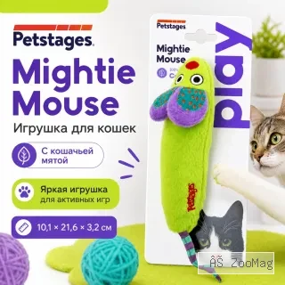 Petstages Green Magic Mighty Mouse мягкая игрушка-мышь с кошачьей мятой для кошек, 20 см