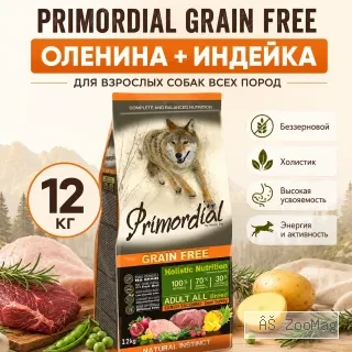 Primordial Grain Free Adult Dog беззерновой корм для взрослых собак с олениной и индейкой, 12 кг
