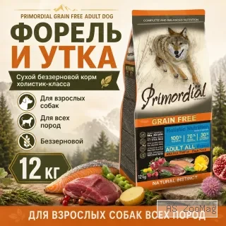 Primordial Grain Free Adult Dog беззерновой корм для взрослых собак с форелью и уткой, 12 кг