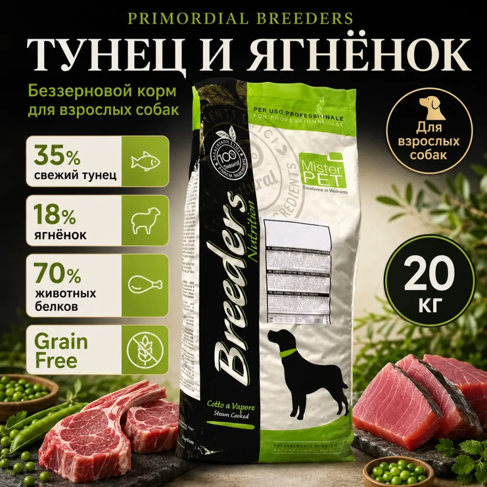 Primordial Breeders Grain Free Adult Dog беззерновой корм для взрослых собак с тунцом и ягнёнком, 20 кг