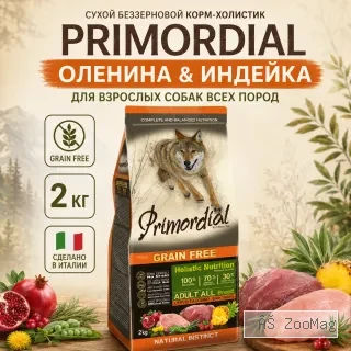 Primordial Grain Free Adult All Breeds беззерновой корм для взрослых собак с олениной и индейкой, 2 кг