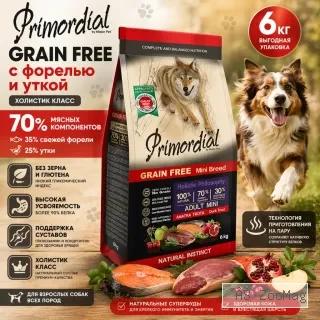 Primordial Grain Free корм для собак всех пород форель и утка беззерновой холистик 6 кг