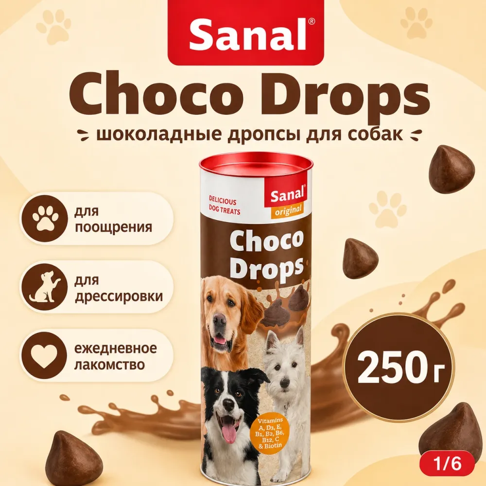 SANAL Choco Drops шоколадные дропсы для собак, 250 г