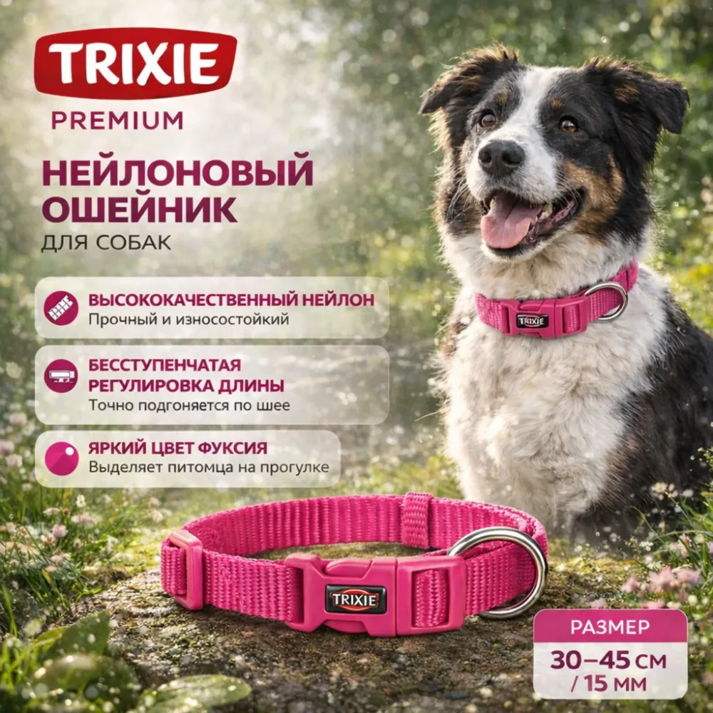 Trixie Premium нейлоновый ошейник для собак фуксия, размер SM 15 мм, 30–45 см