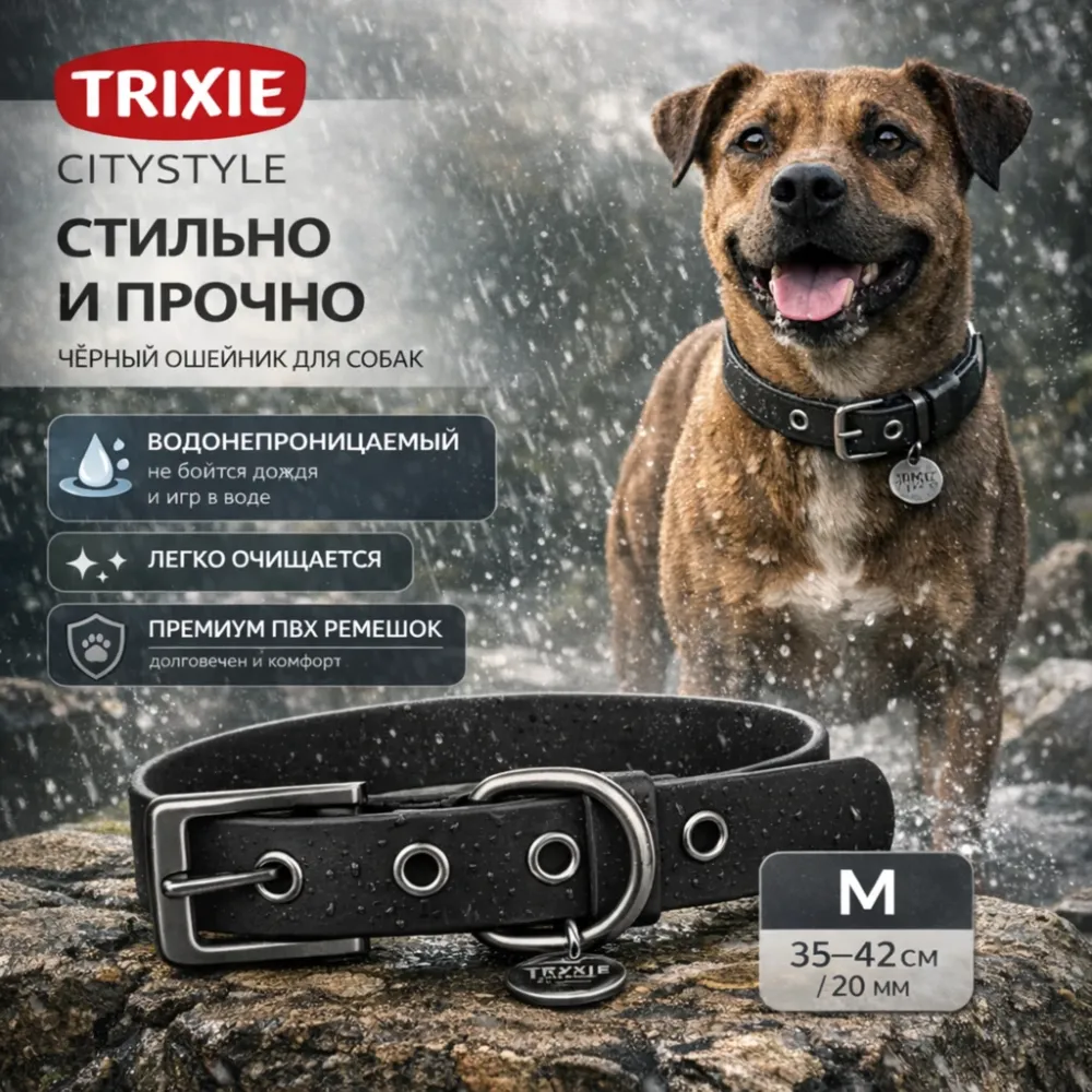 Trixie CityStyle водонепроницаемый ошейник из ПВХ черный, размер M 20 мм, 35–42 см