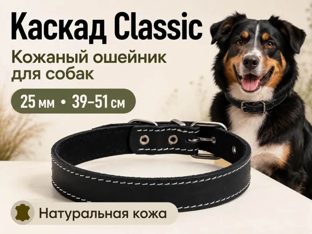 Каскад Classic — кожаный ошейник для собак, 25 мм, 39–51 см