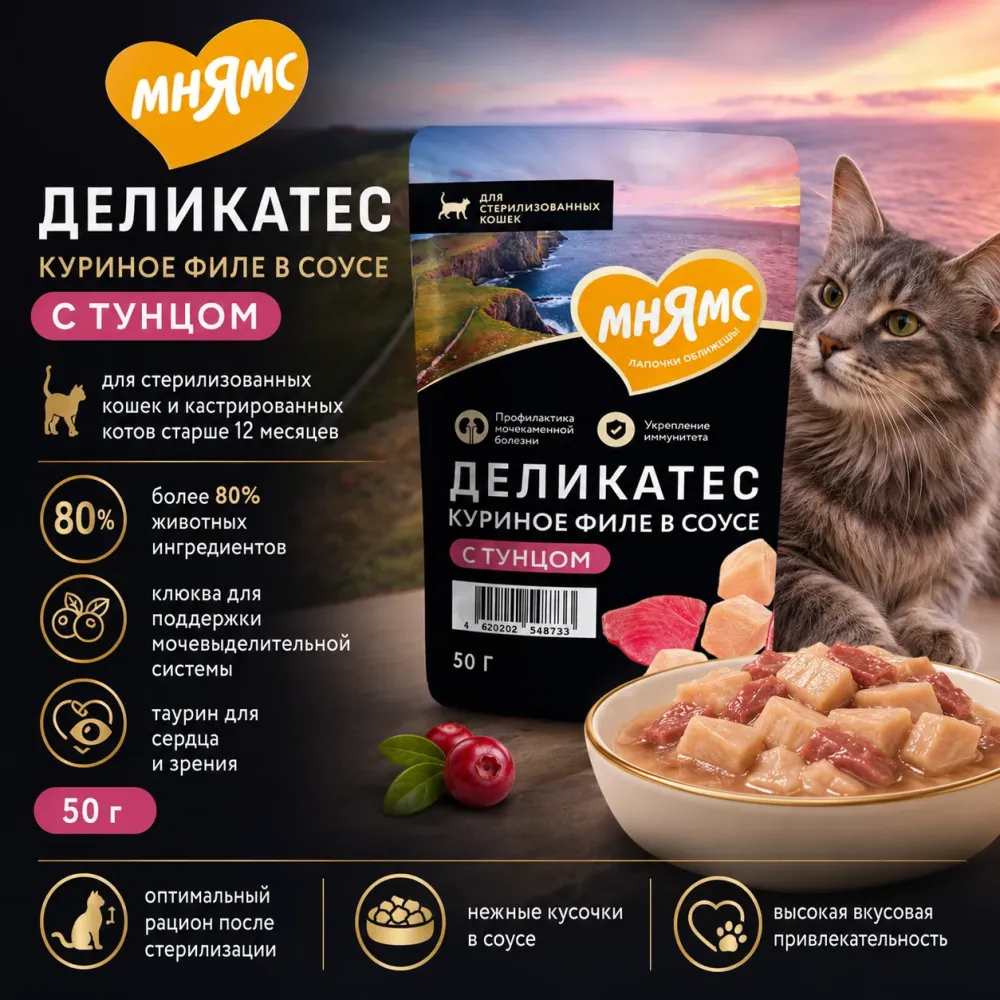 Мнямс Деликатес Куриное филе с говядиной в соусе — полнорационный влажный корм для взрослых кошек, 50 г