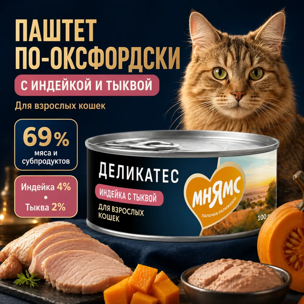 Мнямс Деликатес Паштет по-оксфордски с индейкой и тыквой для кошек, 100 г