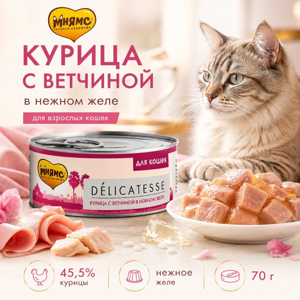 Мнямс Деликатес Курица с ветчиной в нежном желе для взрослых кошек, 70 г