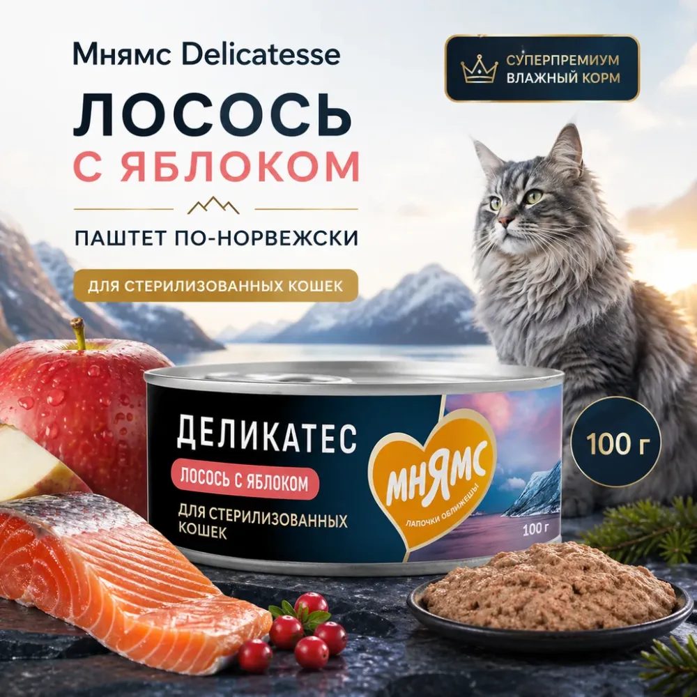 Мнямс Деликатес Паштет по-норвежски с лососем, яблоком и клюквой для стерилизованных кошек, 100 г