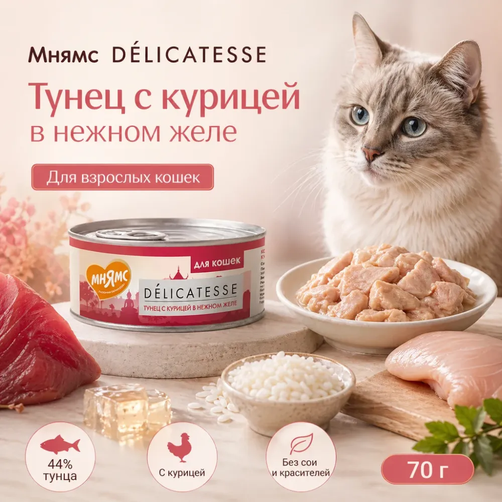 Мнямс Деликатес Тунец с курицей в нежном желе — дополнительный влажный корм для кошек, 70 г