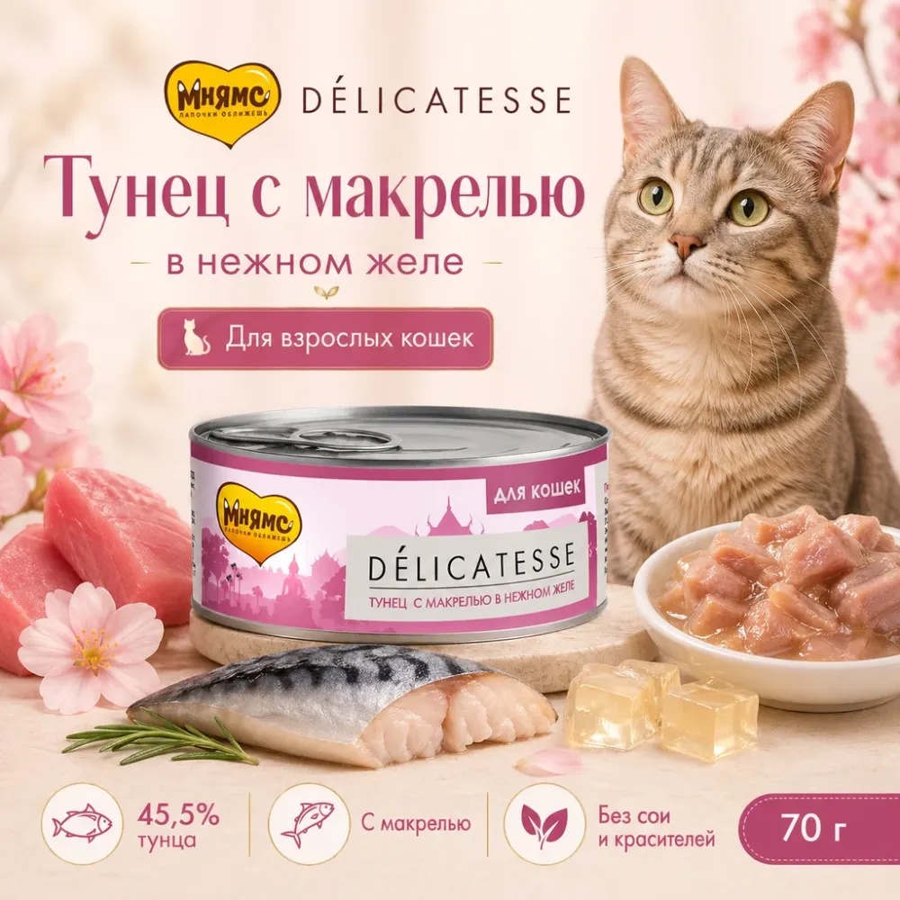 Мнямс Деликатес Тунец с макрелью в нежном желе — дополнительный влажный корм для кошек, 70 г