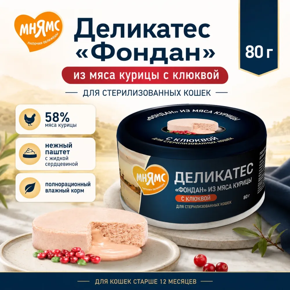 Мнямс Деликатес влажный корм «Фондан» из курицы с клюквой для стерилизованных кошек, 80 г