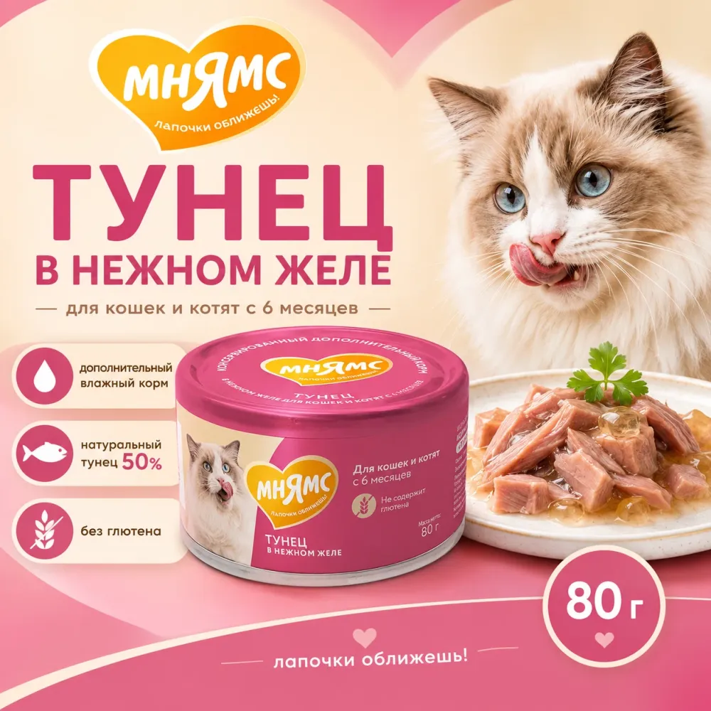Мнямс На каждый день Тунец в желе — дополнительный влажный корм для кошек и котят старше 6 месяцев, 80 г