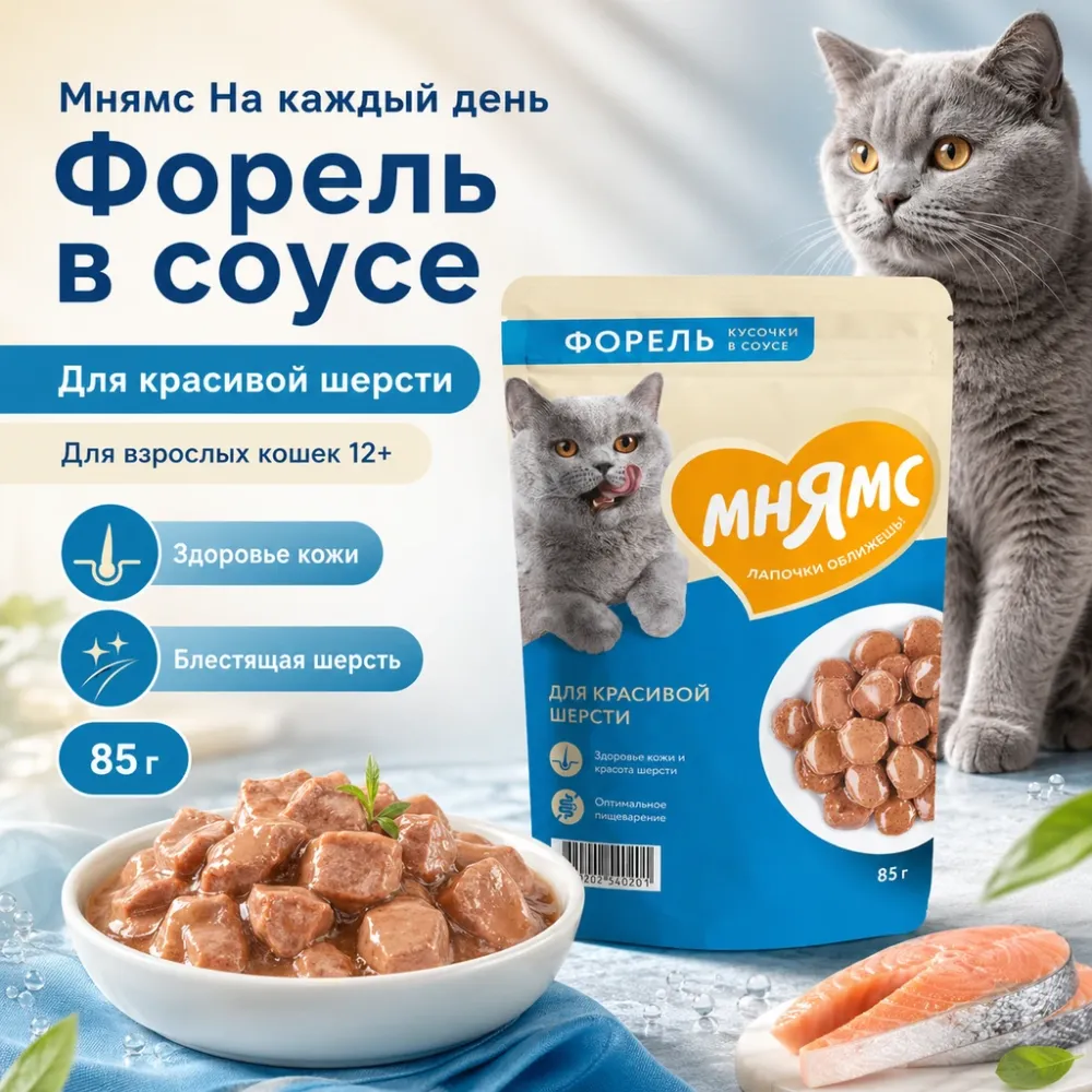 Мнямс На каждый день Влажный корм с форелью для взрослых кошек, для кожи и шерсти, 85 г