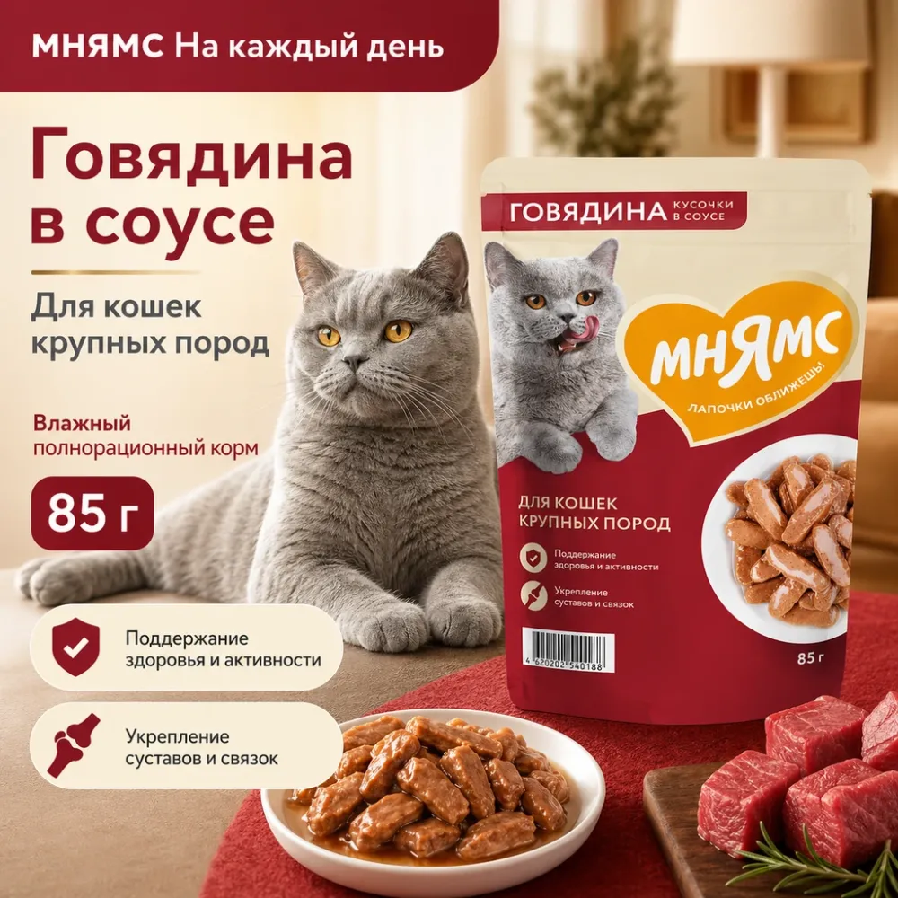 Мнямс На каждый день Влажный корм с говядиной для кошек крупных пород, 85 г