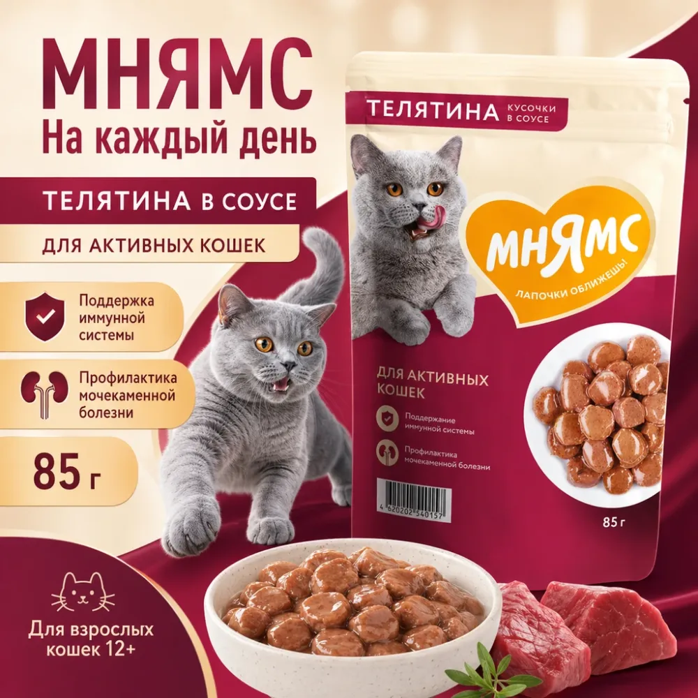 Мнямс На каждый день Влажный корм с телятиной для активных кошек, 85 г