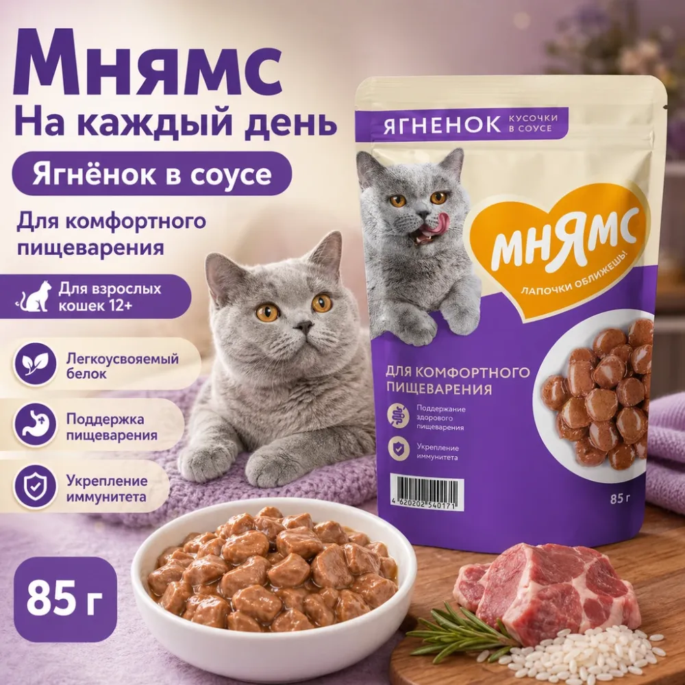 Мнямс На каждый день Влажный корм с ягнёнком в соусе для комфортного пищеварения кошек, 85 г
