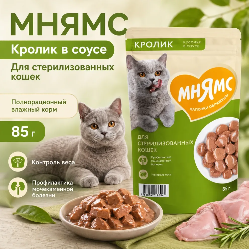 Мнямс Влажный корм с кроликом в соусе для стерилизованных кошек и кастрированных котов, 85 г