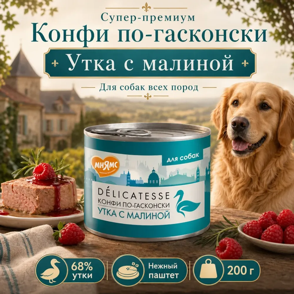Мнямс Деликатес Конфи по-гасконски паштет с уткой и малиной для собак всех пород, 200 г