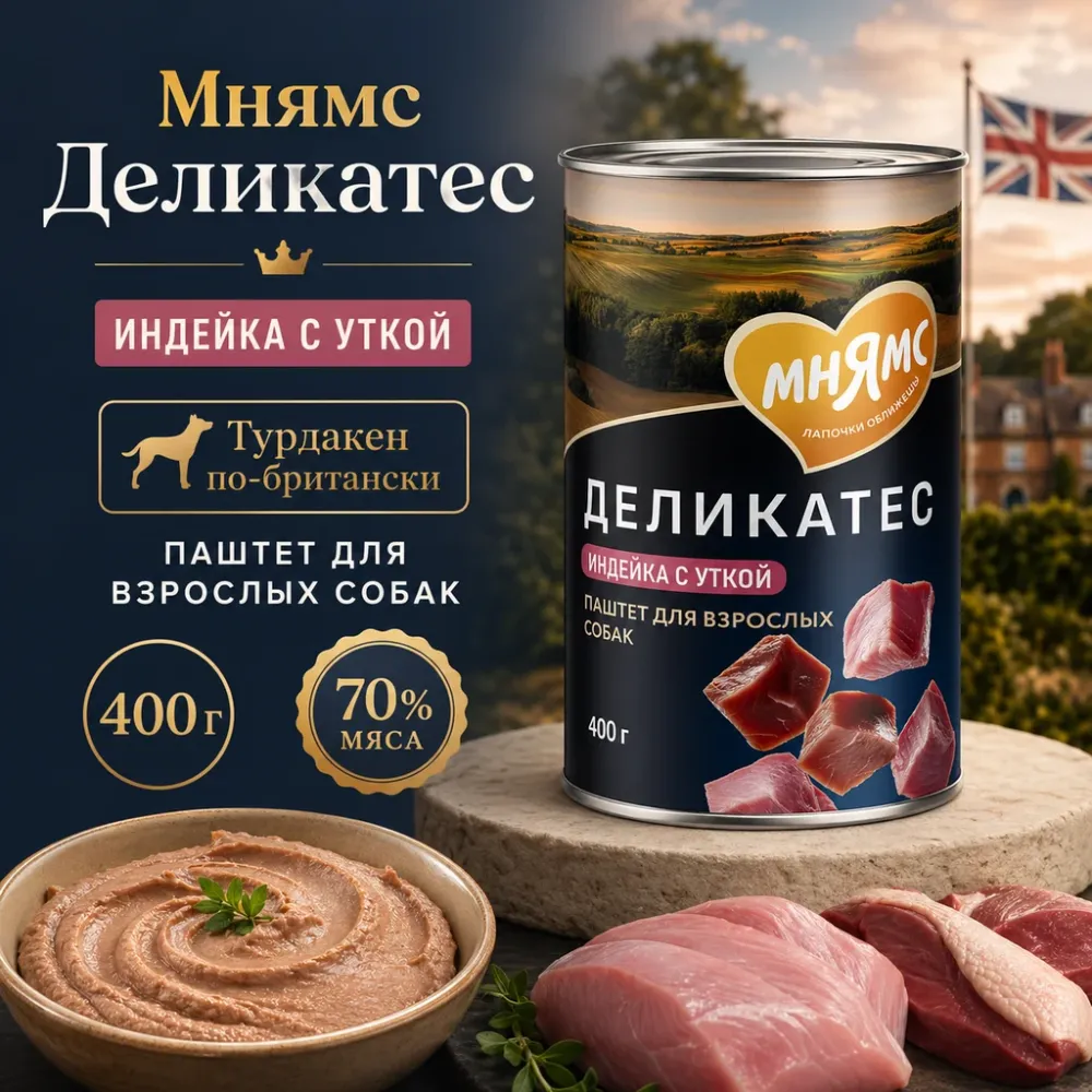 Мнямс Деликатес Турдакен по-британски паштет с индейкой и уткой для собак всех пород, 400 г
