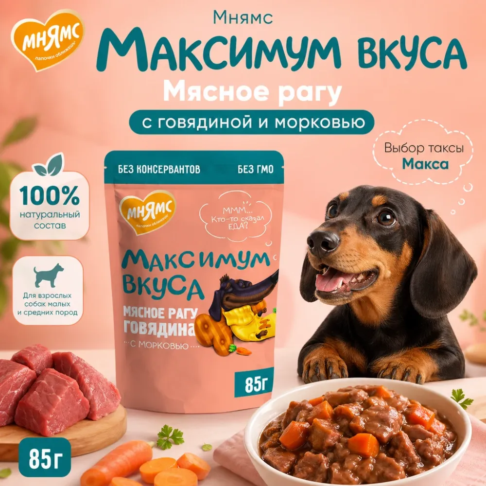 Мнямс Максимум Вкуса мясное рагу с говядиной и морковью для взрослых собак, 85 г