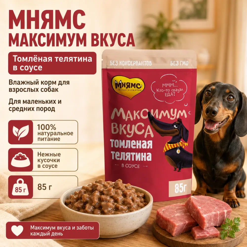 Мнямс Максимум Вкуса влажный корм с томлёной телятиной в соусе для собак малых и средних пород, 85 г