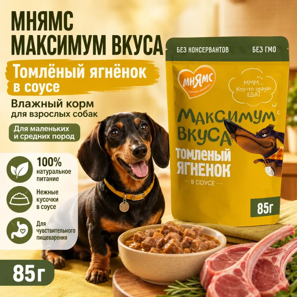 Мнямс Максимум Вкуса влажный корм с томлёным ягнёнком в соусе для собак малых и средних пород, 85 г