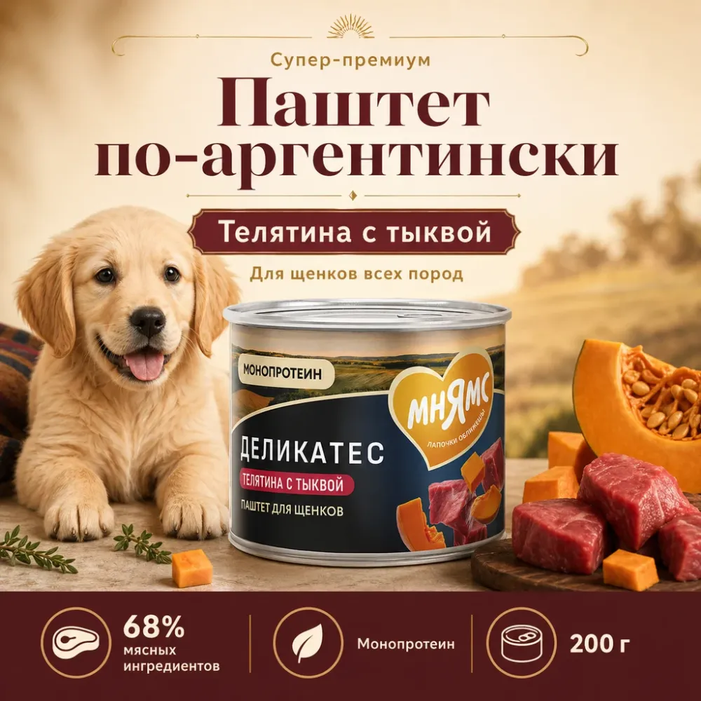 Мнямс Деликатес Асадо по-аргентински паштет с телятиной и тыквой для щенков, 200 г
