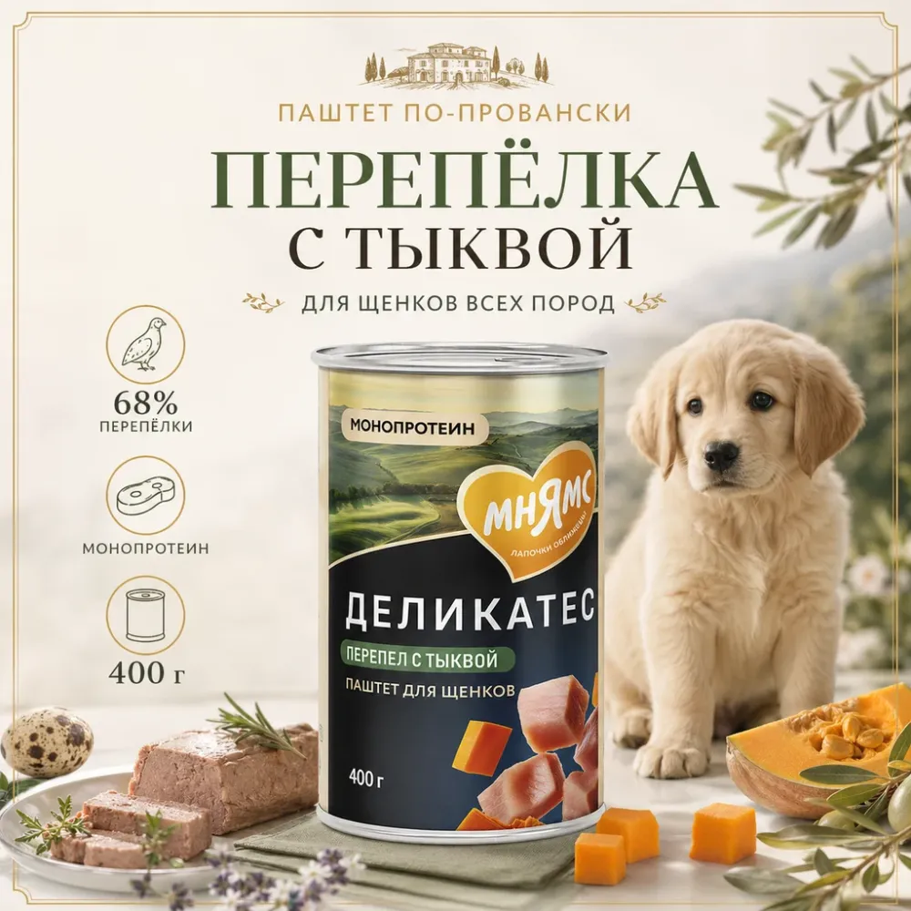 Мнямс Деликатес Потофё по-провански паштет с перепёлкой и тыквой для щенков, 400 г