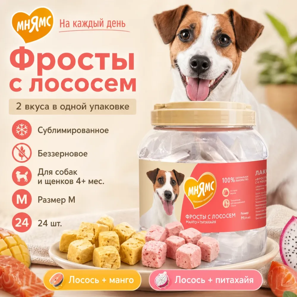 Мнямс На каждый день Фросты с лососем, манго и питахайей для собак и щенков, 24 шт