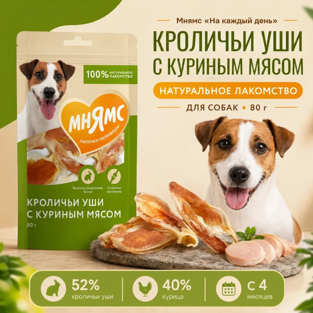 Мнямс На каждый день Кроличьи уши с куриным мясом лакомство для собак и щенков, 80 г