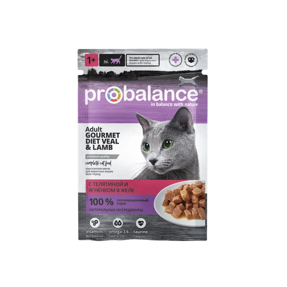 ProBalance влажный корм Gourmet Diet с телятиной и ягнёнком в желе для взрослых кошек, 85 г