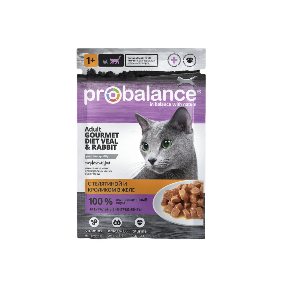 ProBalance влажный корм Gourmet Diet с телятиной и кроликом в желе для взрослых кошек, 85 г
